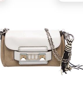 Proenza Schouler Suede & Leather Mini Chain Crossbody Bag, Taupe/White, New
